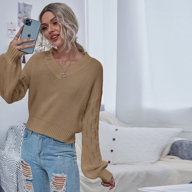 

V-neck Lantern Sleeve Sweater, Khaki