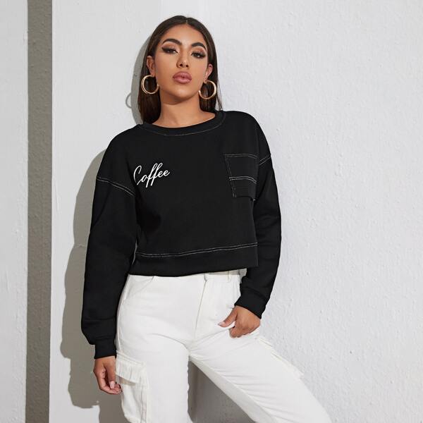 

Drop Shoulder Letter Graphic Patch Pocket Pullover, Black