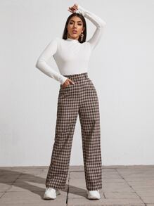 High Waist Plaid Wide Leg Trousers - Multicolor - View 3