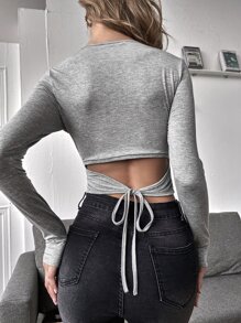 SHEIN Privé Tie Back Crop Top - Light Grey - View 1