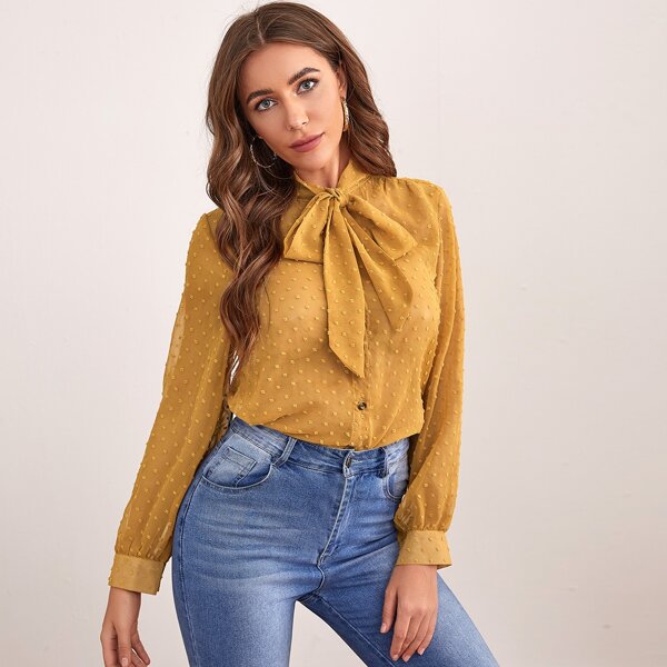 

Swiss Dot Tie Neck Chiffon Blouse, Mustard yellow