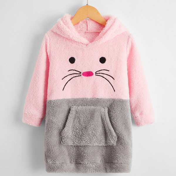 

Toddler Girls Two Tone Cartoon Embroidery Teddy Hoodie Dress, Multicolor