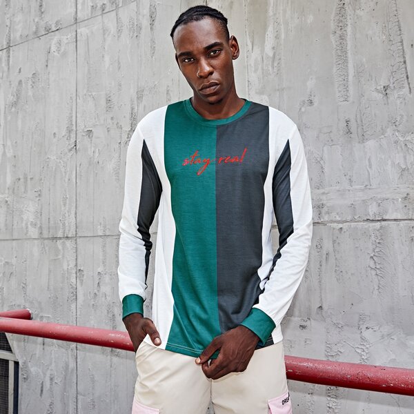 

Men Letter Embroidered Colorblock Tee, Multicolor