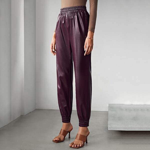 

Slant Pocket Front PU Leather Pants, Maroon