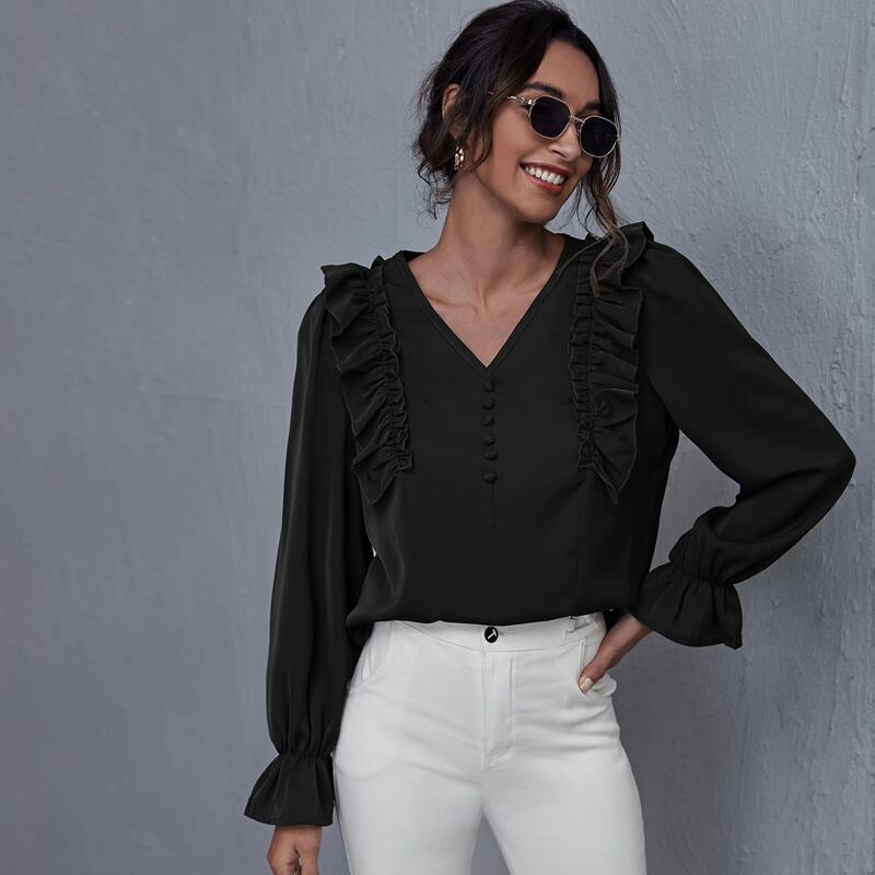 

Flounce Sleeve Ruffle Trim Solid Top, Black