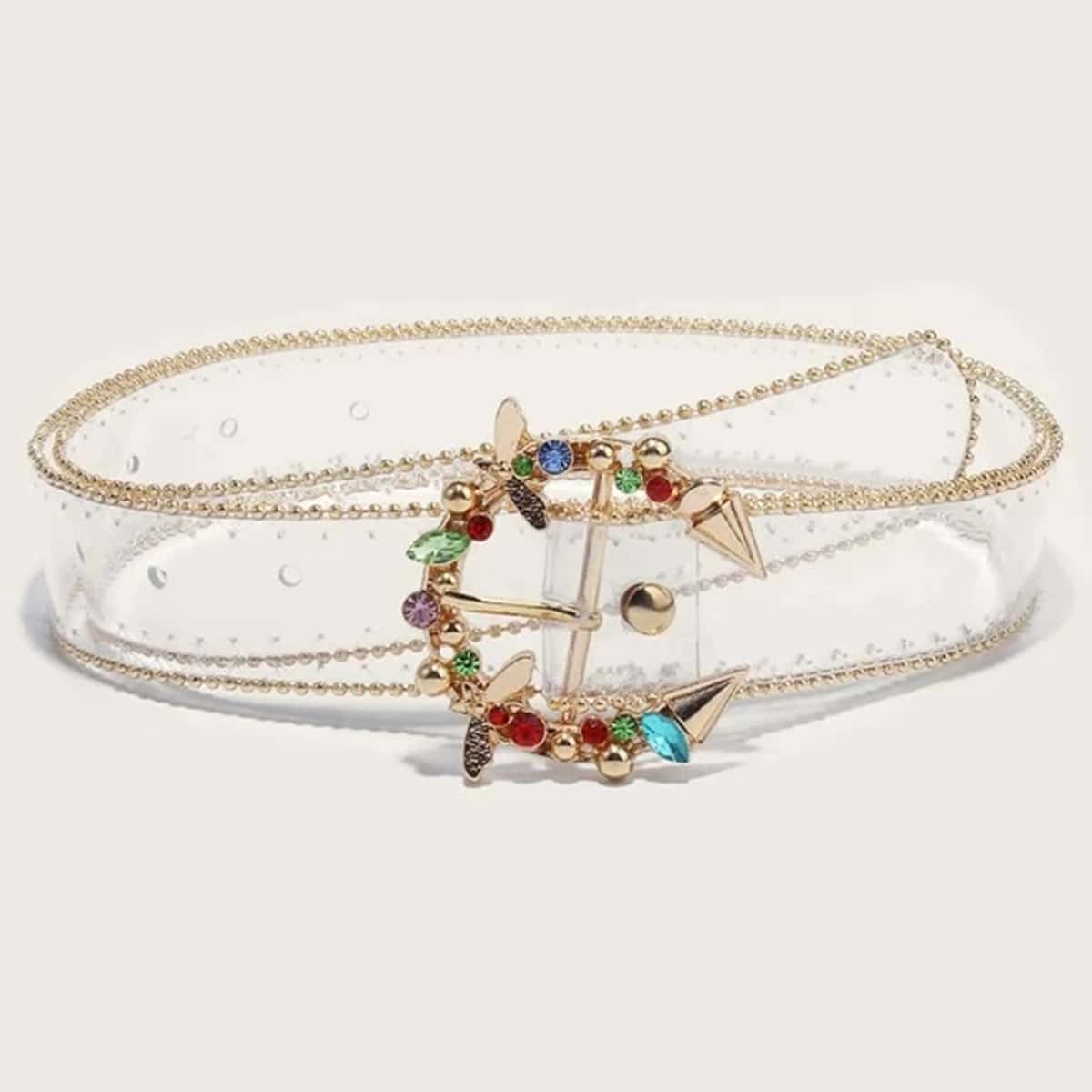 

Rhinestone Engraved Buckle Transparent Belt, Clear