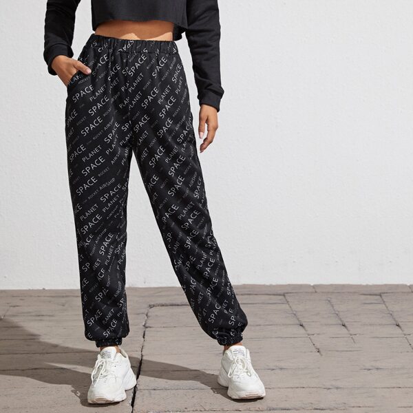 

Allover Letter Graphic Slant Pocket Sweatpants, Black
