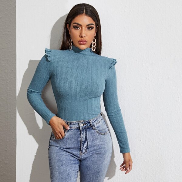 

Mock Neck Ruffle Trim Form Fitted Top, Dusty blue