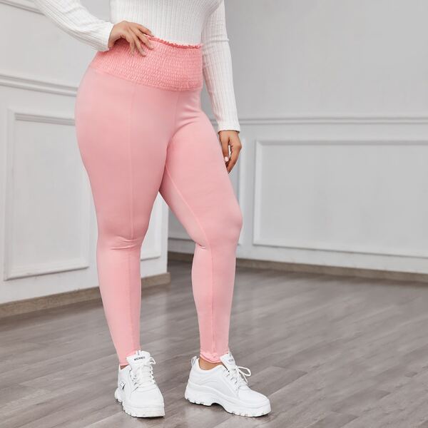 

Plus Frill Trim Shirred Waist Leggings, Baby pink