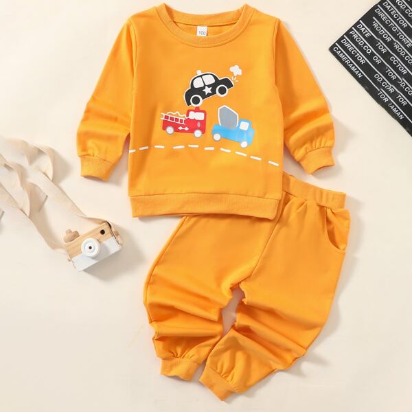 

Toddler Boys Cartoon Car Print Sweatshirt With Sweatpants, Yellow