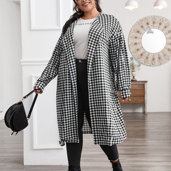 

Plus Buffalo Plaid Drop Shoulder Belted Coat, Black and white