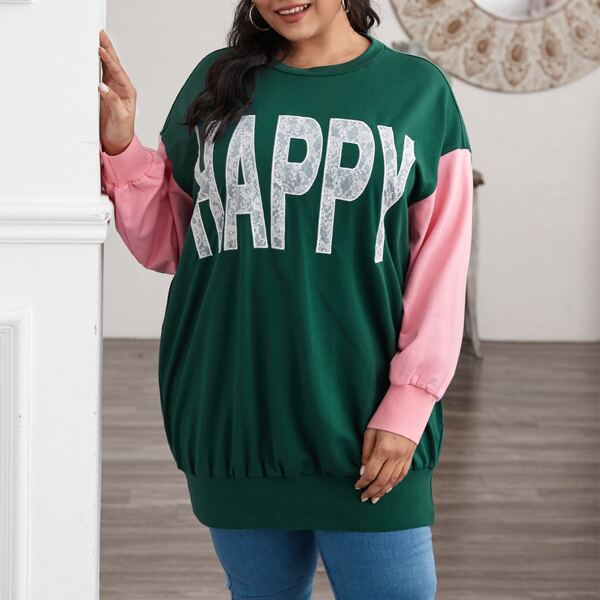 

Plus Lace Applique Embroidered Drop Shoulder Colorblock Pullover, Dark green
