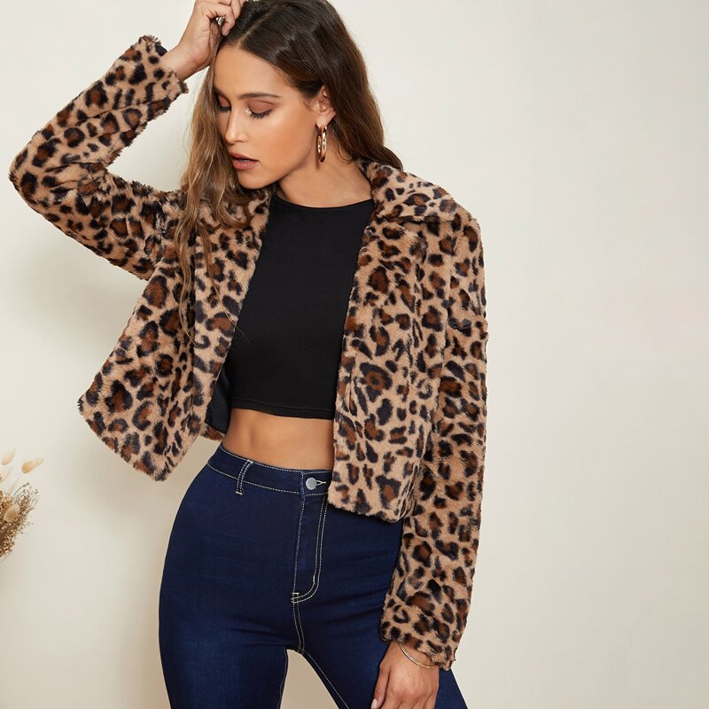 

Notched Collar Leopard Faux Fur Coat, Multicolor