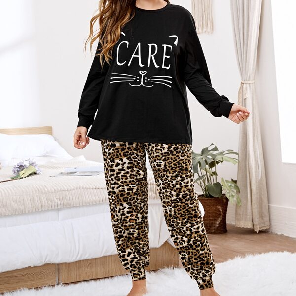 

Plus Letter and Cartoon Graphic Top & Leopard Pants PJ Set, Multicolor