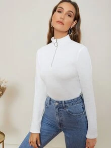 SHEIN 拉鏈半開襟羅紋針織毛衣 - 白色 - 查看 4