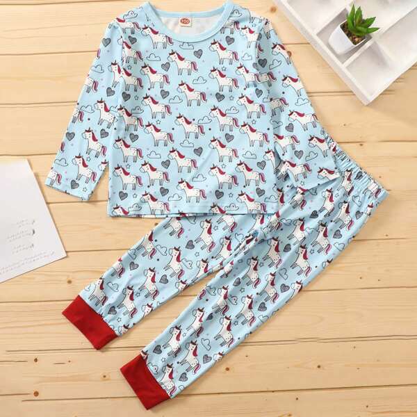 

Toddler Girls Allover Cartoon Unicorn Print Tee With Sweatpants, Baby blue