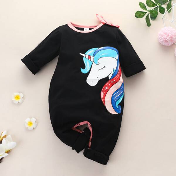 

Baby Girl Unicorn Print Contrast Binding Ruffle Jumpsuit, Black