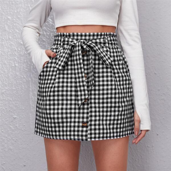 

Gingham Button Front Belted Skirt, Black and white