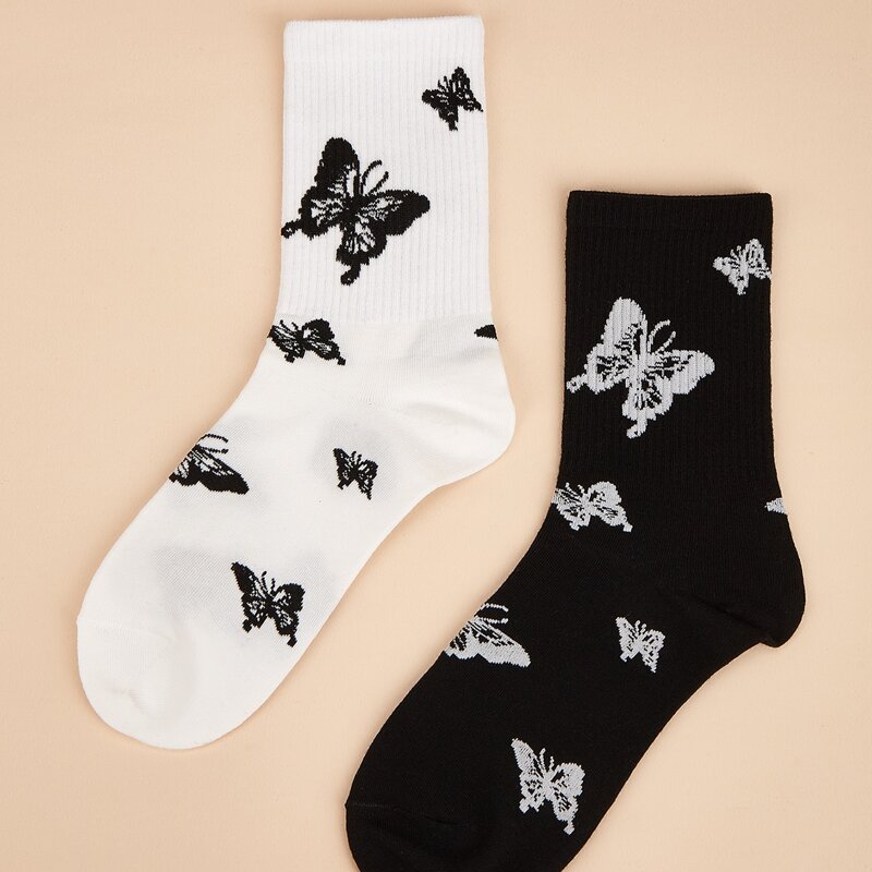 

2pairs Butterfly Crew Socks, Black and white