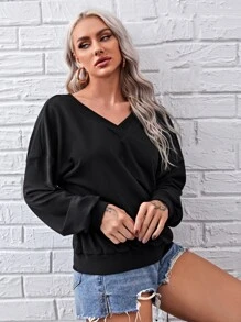 SHEIN LUNE Double V-Neck Drop Shoulder Sequin Wing Back Pullover - Black - View 4