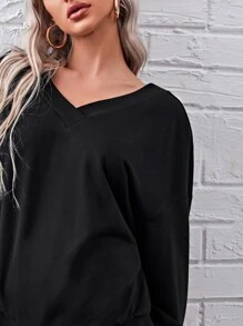 SHEIN LUNE Double V-Neck Drop Shoulder Sequin Wing Back Pullover - Black - View 5