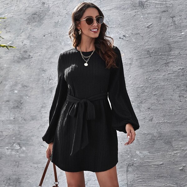 

Lantern Sleeve Belted Dress, Black