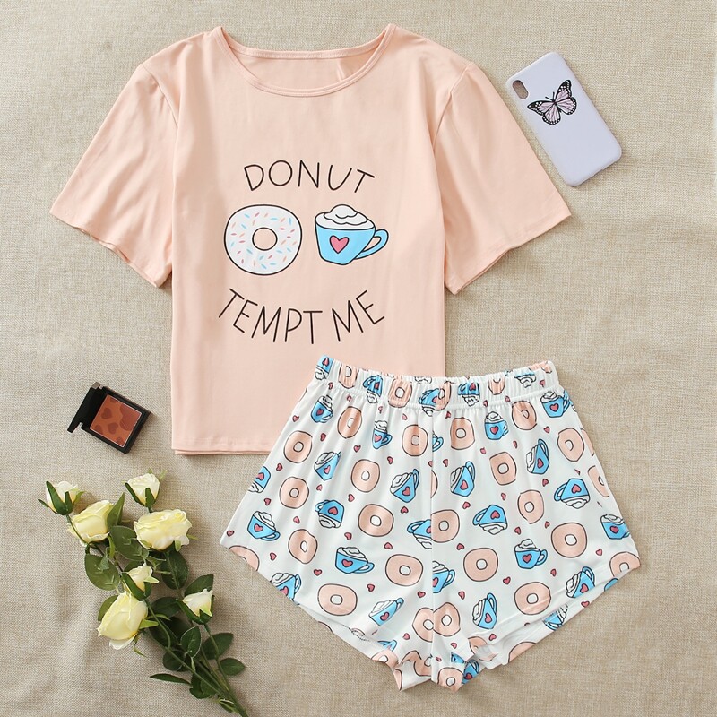 

Cartoon And Slogan Graphic Pajama Set, Multicolor