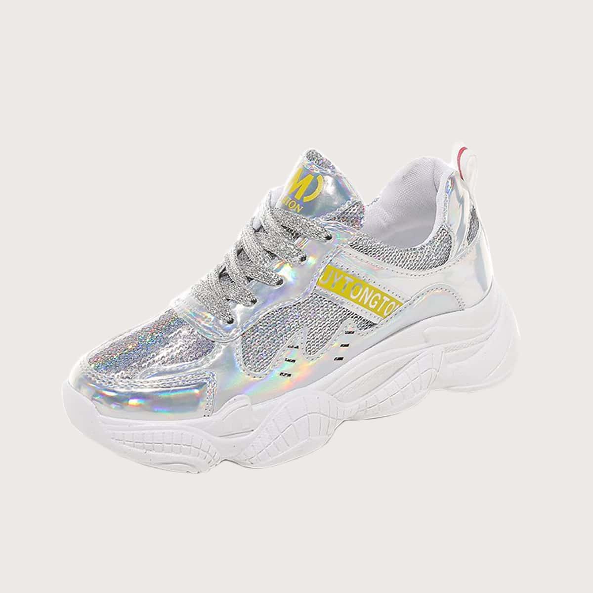 

Holographic Lace-up Front Mesh Chunky Sneakers, Silver