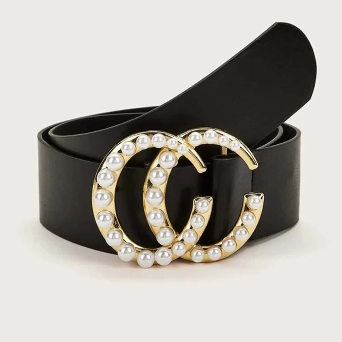 

Faux Pearl Decor Buckle Belt, Black