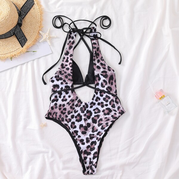 

Allover Graphic Crisscross Triangle Halter Bikini Swimsuit, Multicolor