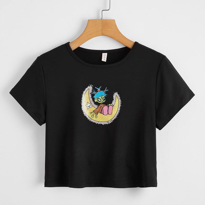 

Moon Graphic Crop Top, Black