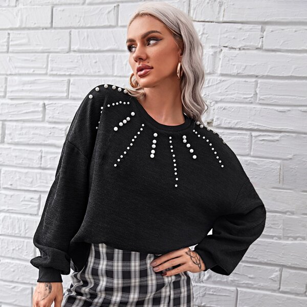 

Drop Shoulder Pearls Beaded Top, Black
