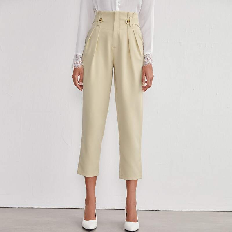 

High Waist Plicated Cropped Tailored Pants, Khaki