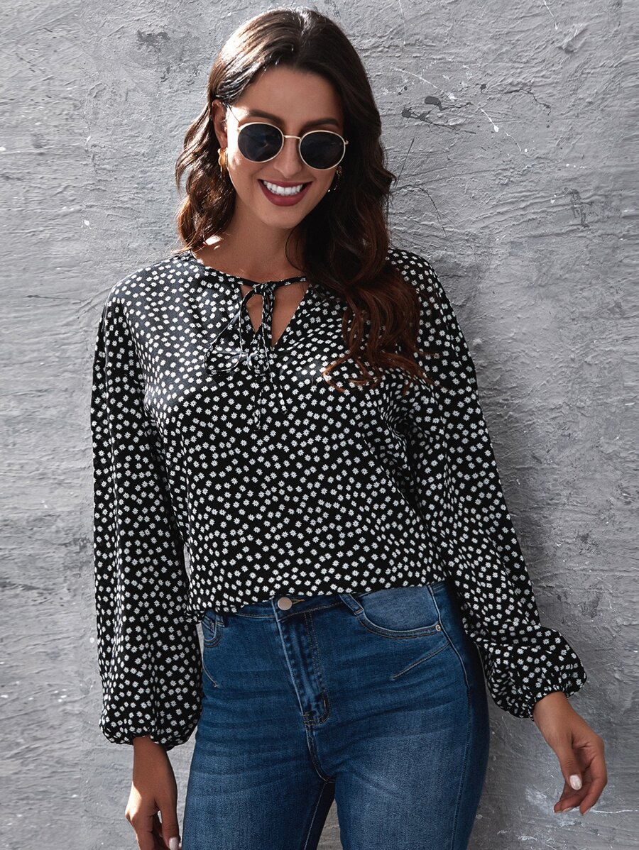 SHEIN Clasi Tie Neck Lantern Sleeve Ditsy Floral Top