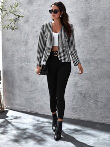 SHEIN Clasi Open Front Houndstooth Jacket - Black and White - View 4