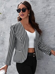 SHEIN Clasi Open Front Houndstooth Jacket - Black and White - View 5