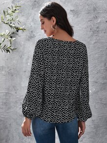 SHEIN Clasi Tie Neck Lantern Sleeve Ditsy Floral Top
