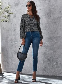 SHEIN Clasi Tie Neck Lantern Sleeve Ditsy Floral Top