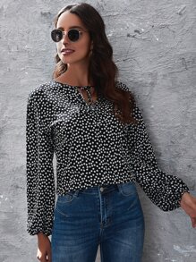SHEIN Clasi Tie Neck Lantern Sleeve Ditsy Floral Top