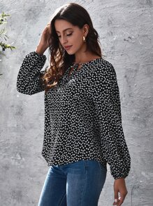 SHEIN Clasi Tie Neck Lantern Sleeve Ditsy Floral Top