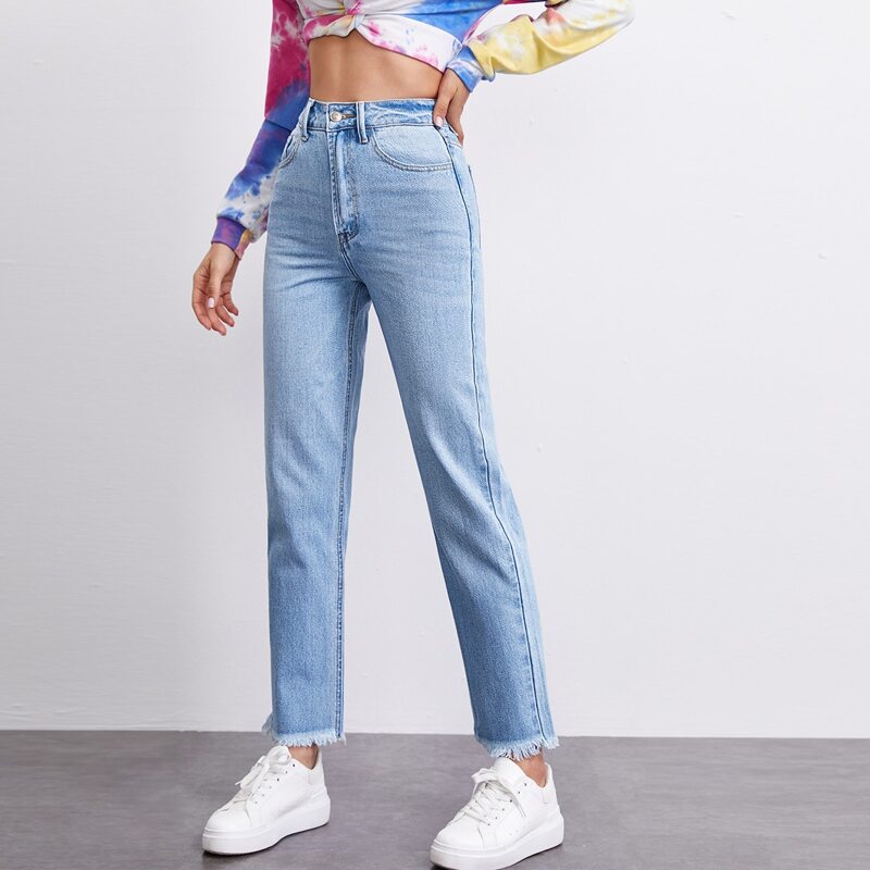 

High Waist Raw Hem Straight Jeans, Navy blue light wash