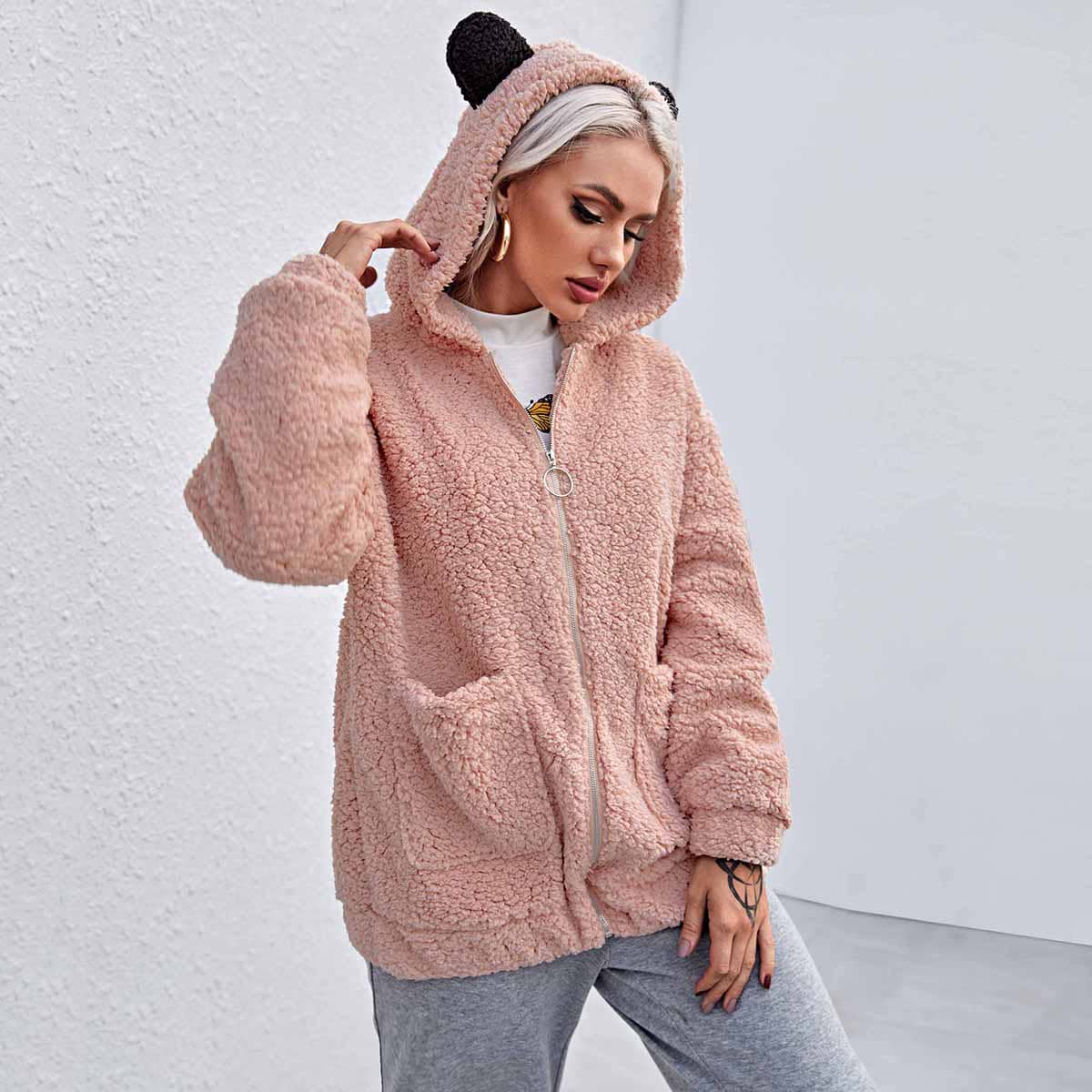 

Pocket Patched Zipper Up Ears Hooded Teddy Jacket, Dusty pink