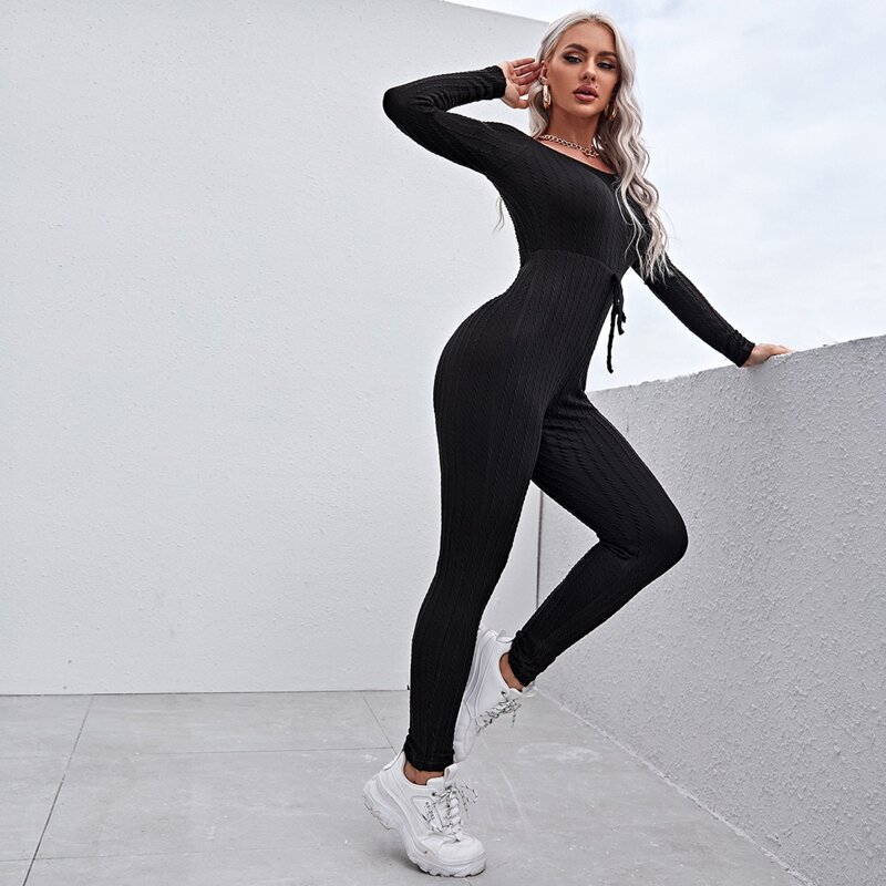 

Off Shoulder Tie Front Cable Knit Unitard Jumpsuit, Black