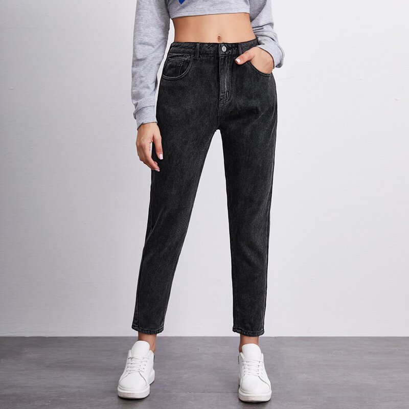 

High-Waisted Mom Jeans, Dark grey