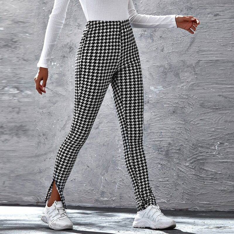

Split Hem Houndstooth Pants, Black and white