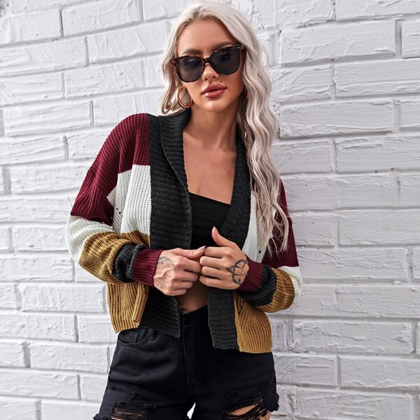 

Shawl Neck Open Front Colorblock Cardigan, Multicolor