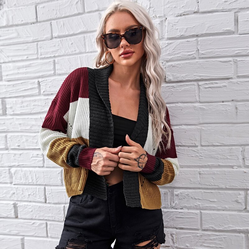 

Shawl Neck Open Front Colorblock Cardigan, Multicolor