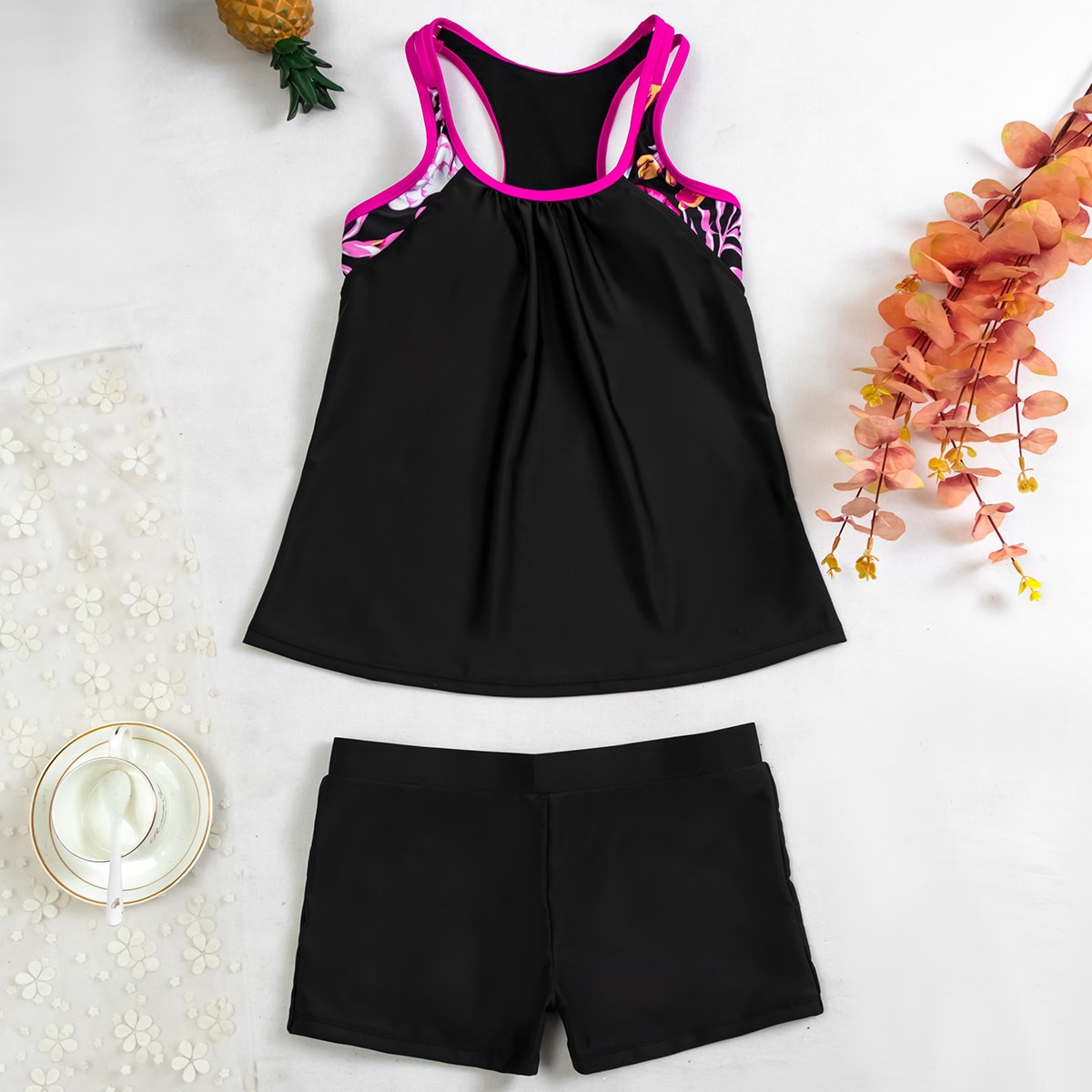 Image of Contrast Floral Print Shorts Bikini Swimsuit