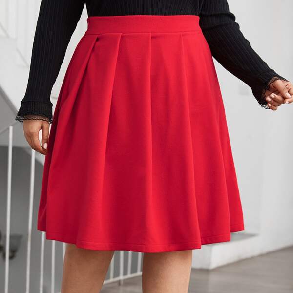 

Plus High Waist Pleated Skirt, Red
