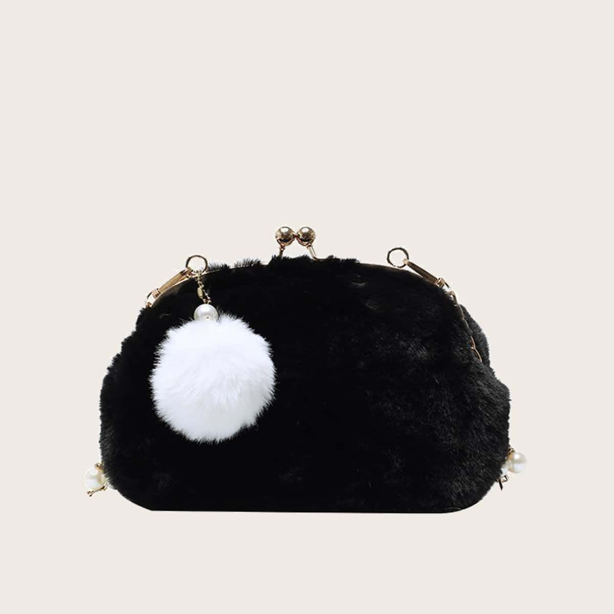 

Pom Pom Decor Fluffy Chain Bag, Black